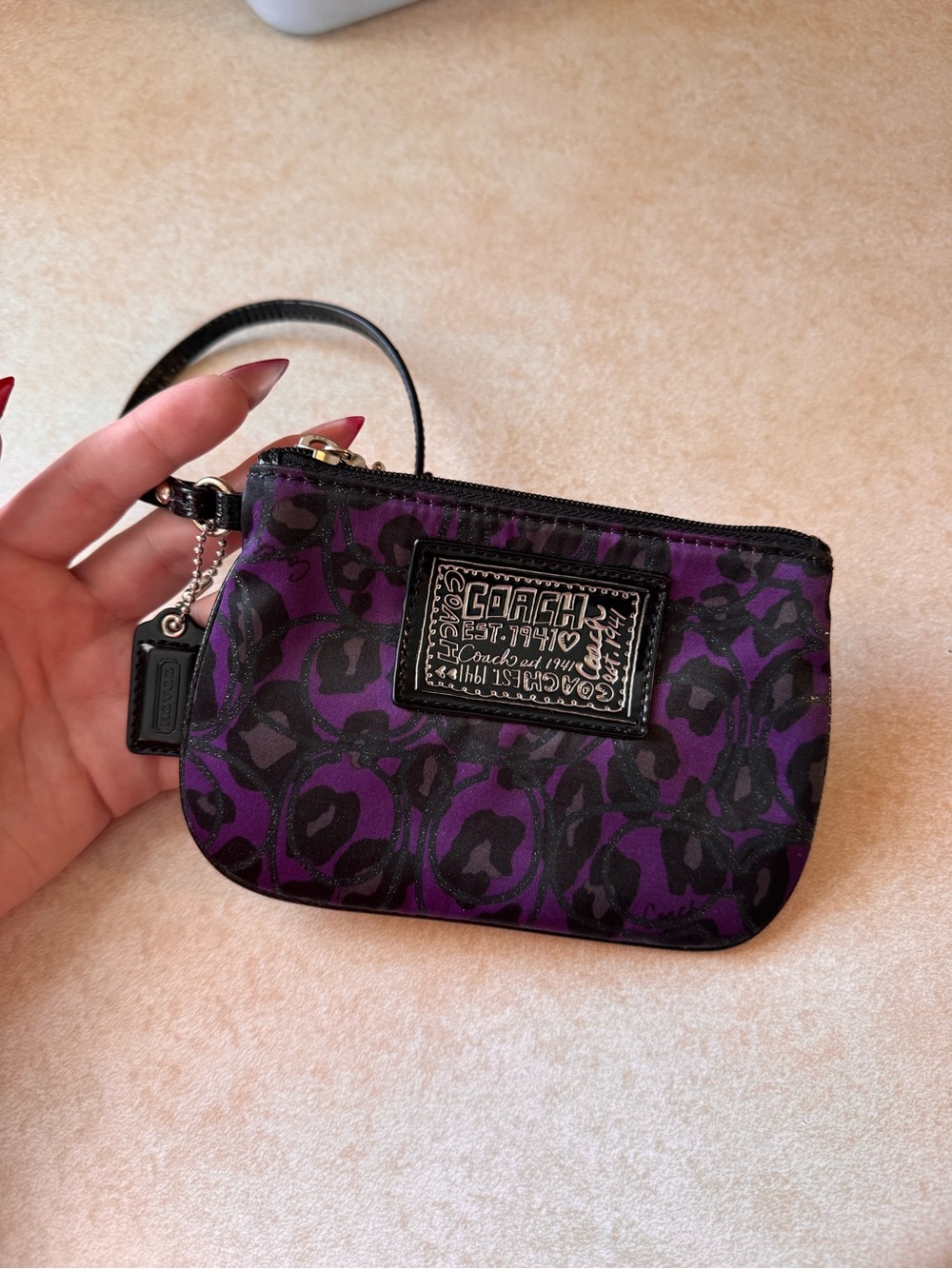 Coach Purple and Black Leopard-Print Wristlet